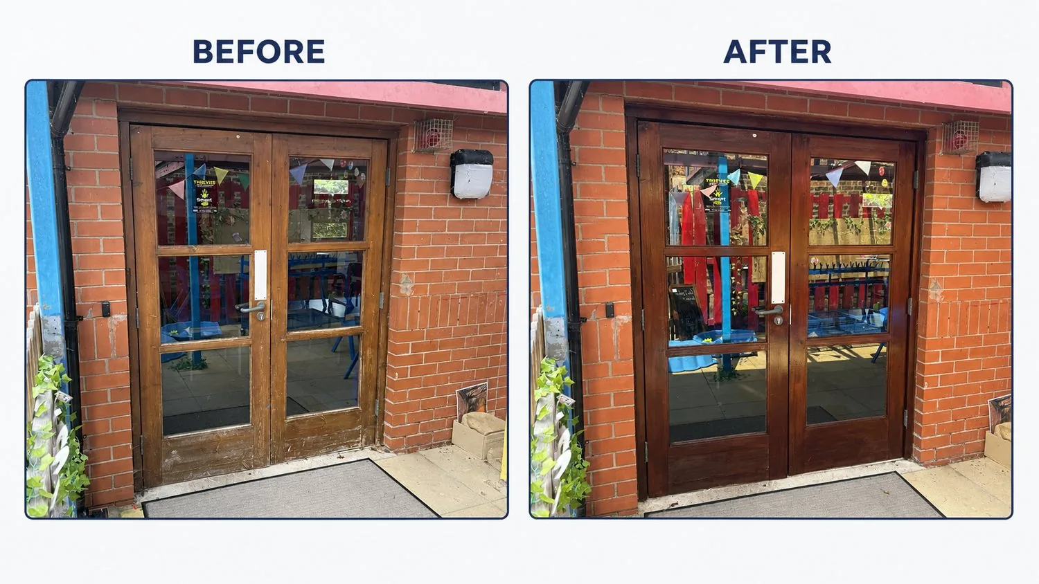School entrance timberwork before & after