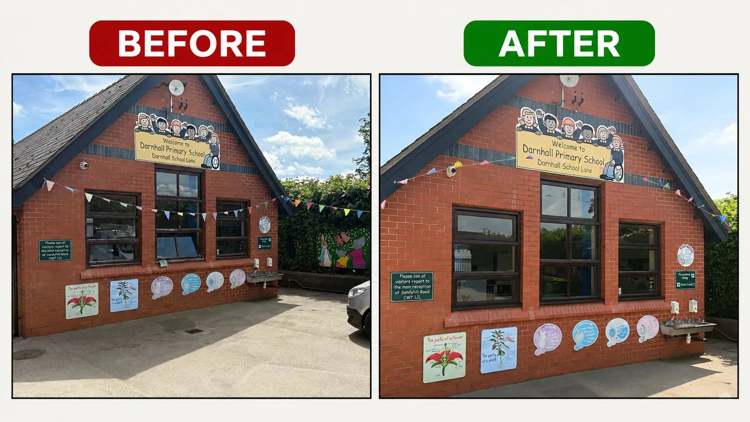 Darnhall Primary School exterior before & after