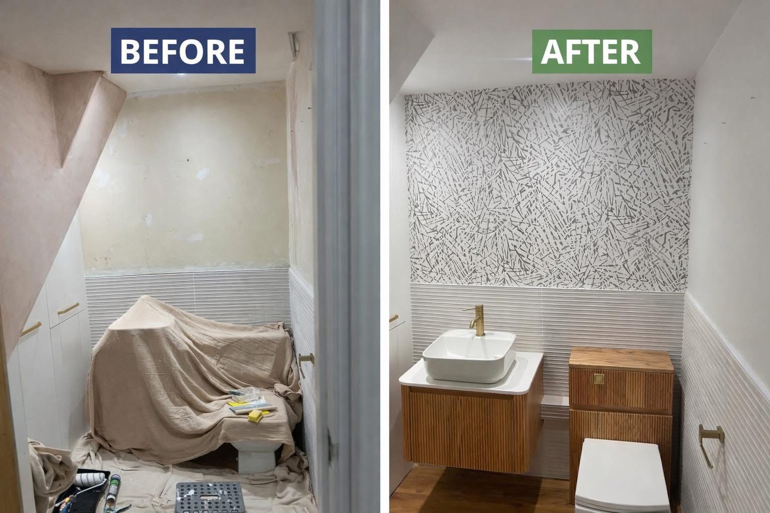 Bathroom wallpaper before & after