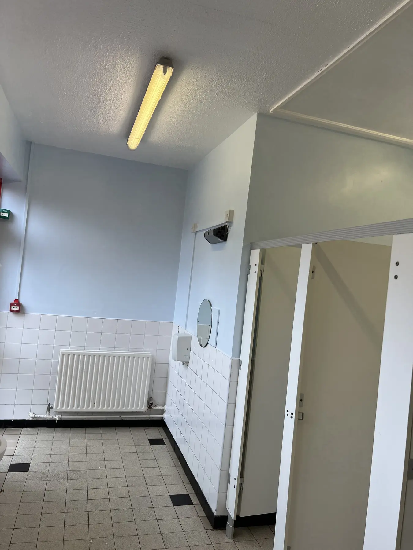 Completed blue walls around school bathroom partitions