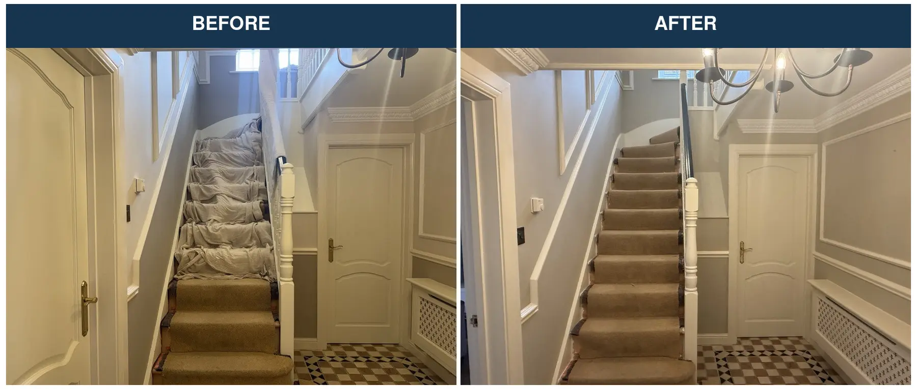 Whitegate hallway and staircase before and after