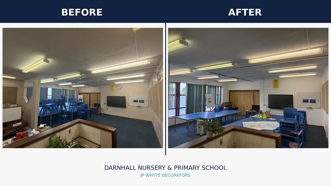 The teaching wall and window side before and after redecoration.