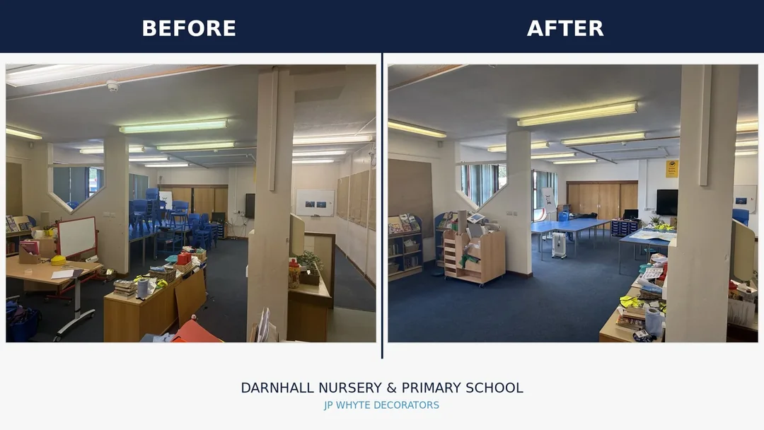 The central columns and surrounding wall finishes before and after.