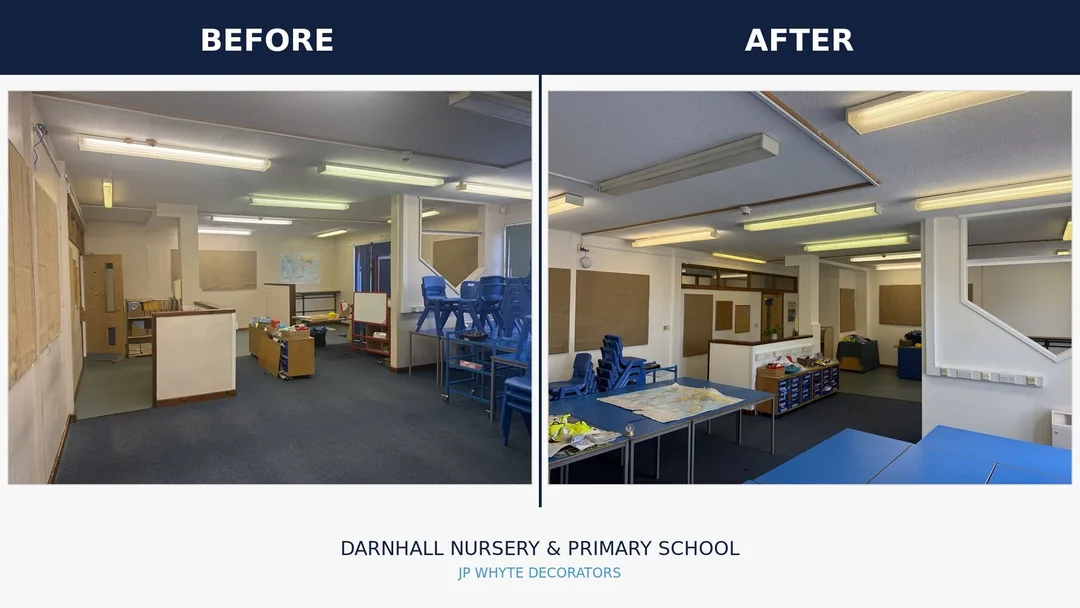 The connecting room and dividing wall before and after redecoration.