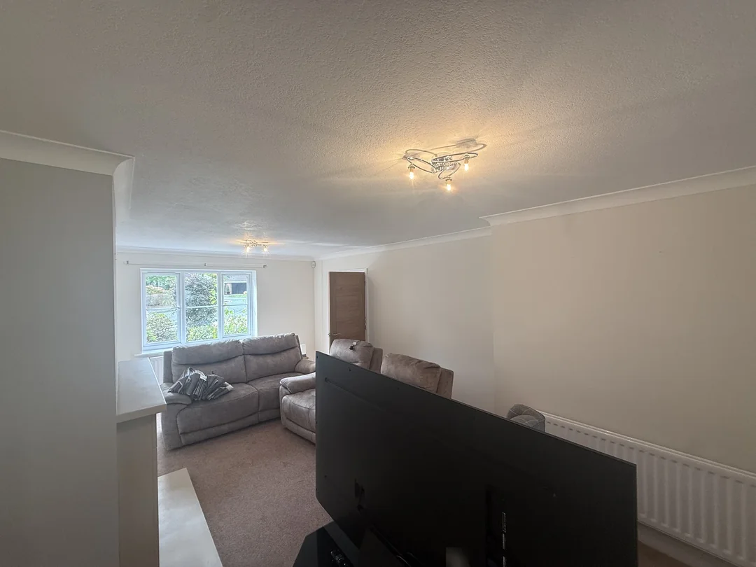 The opposite view across the living room, showing the continuous light wall finish.